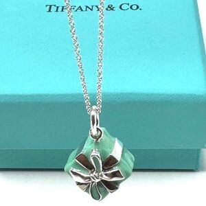 Authentic Tiffany & co. Enamel Blue Gift Box Pendant Necklace.